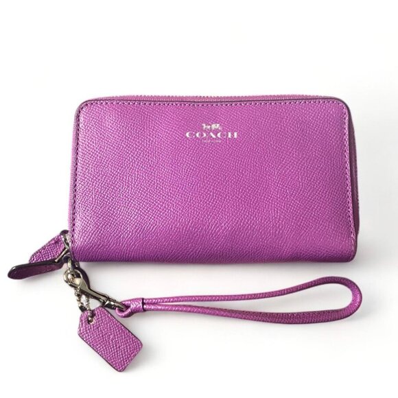 COACH - Polished Pebble Leather Purple Wallet DOUBLE ZIP - W tag (Rare) - Picture 1 of 5